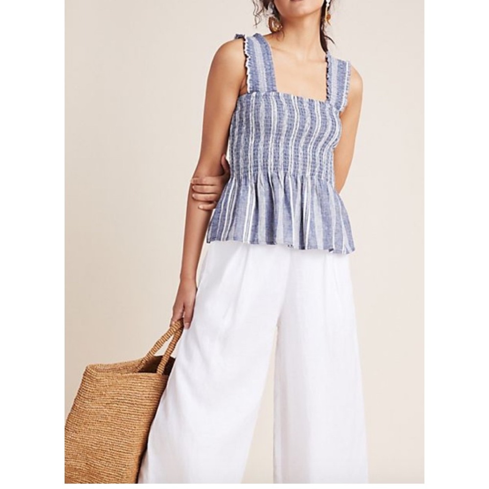 Maeve Blue and White Striped Smocked Peplum Tank Top